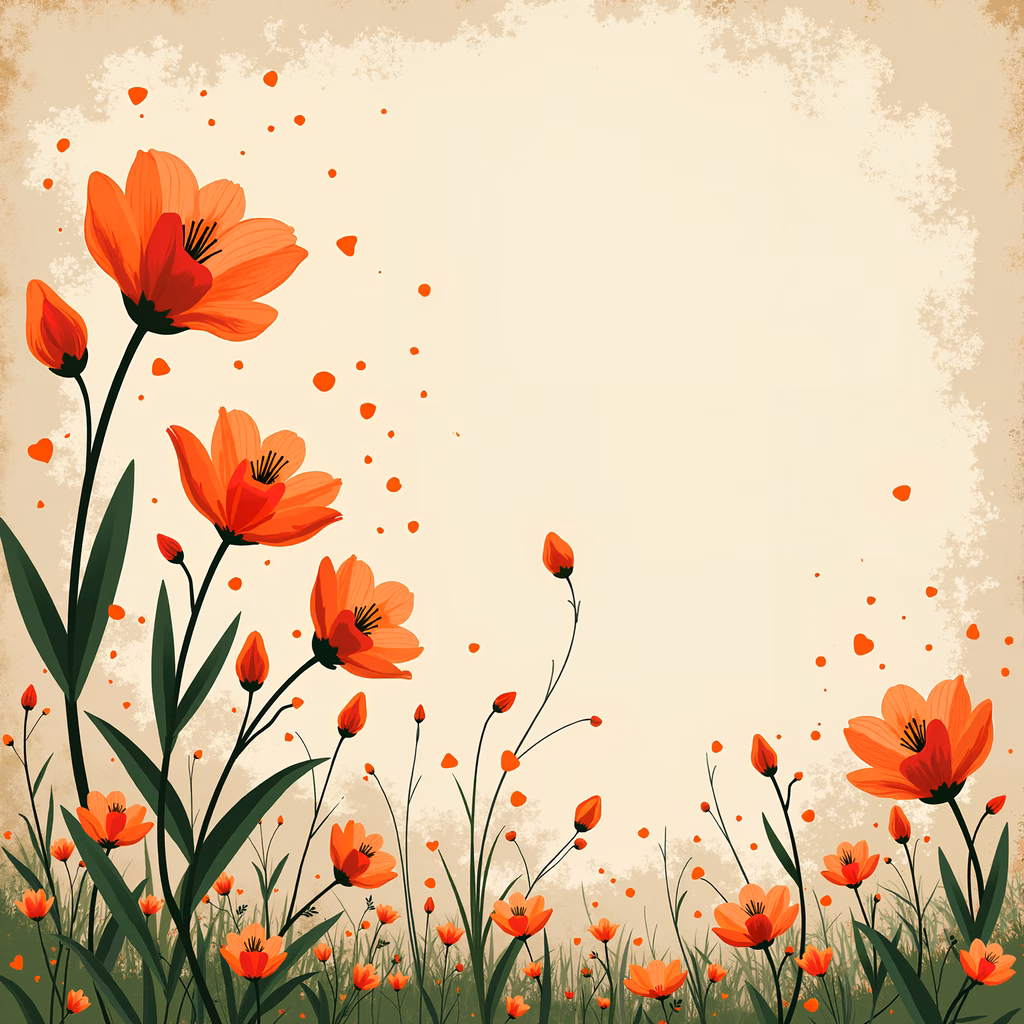 Vibrant floral illustration with detailed orange blooms and green leaves on a textured beige background.