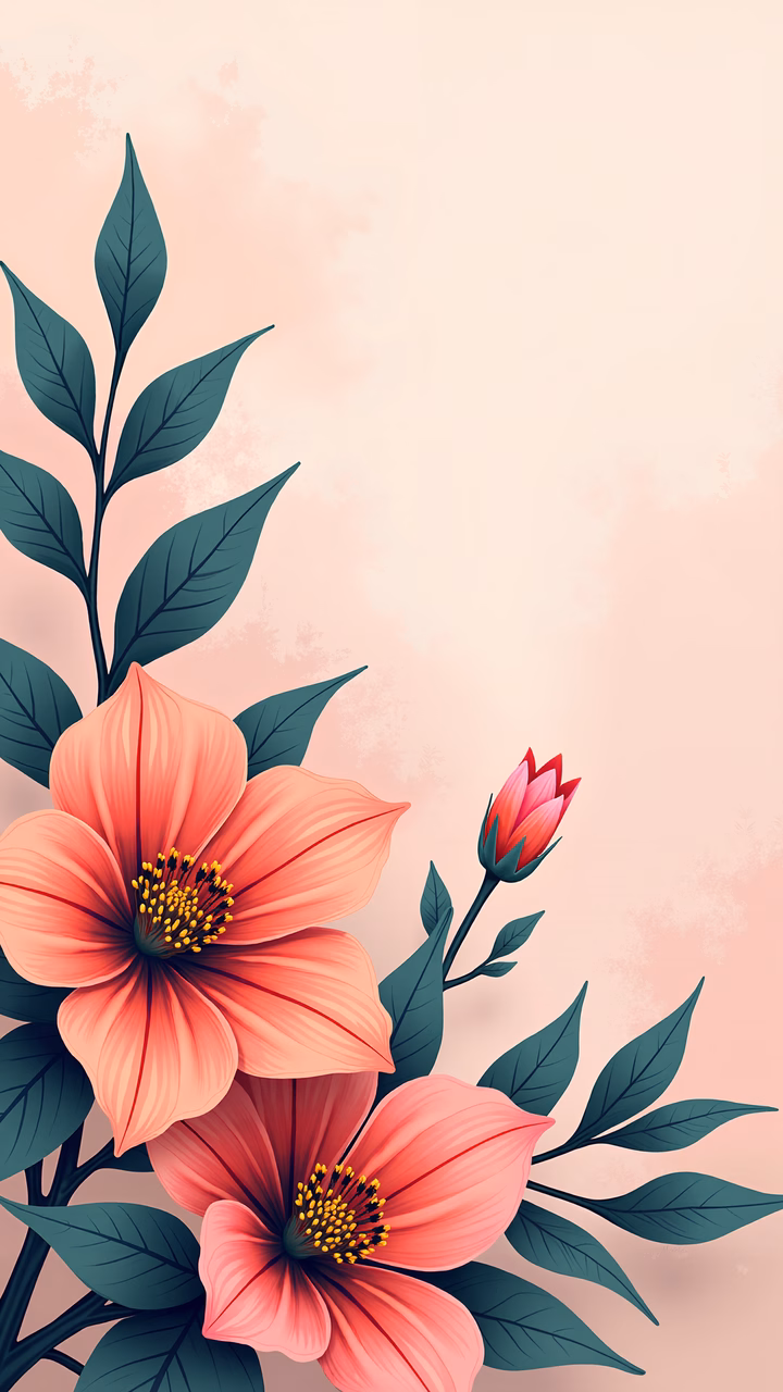 Vibrant floral illustration with delicate pastel tones and lush greenery.