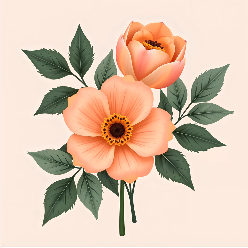 Vibrant floral illustration with peach flowers and green leaves on a soft background.