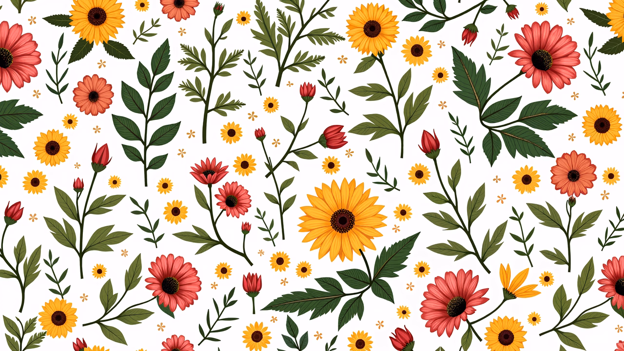 Whimsical floral pattern with sunflowers and daisies in bright colors.