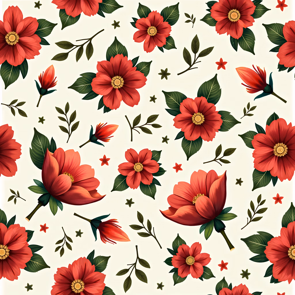 Vibrant floral pattern with red flowers and green leaves on a beige background.