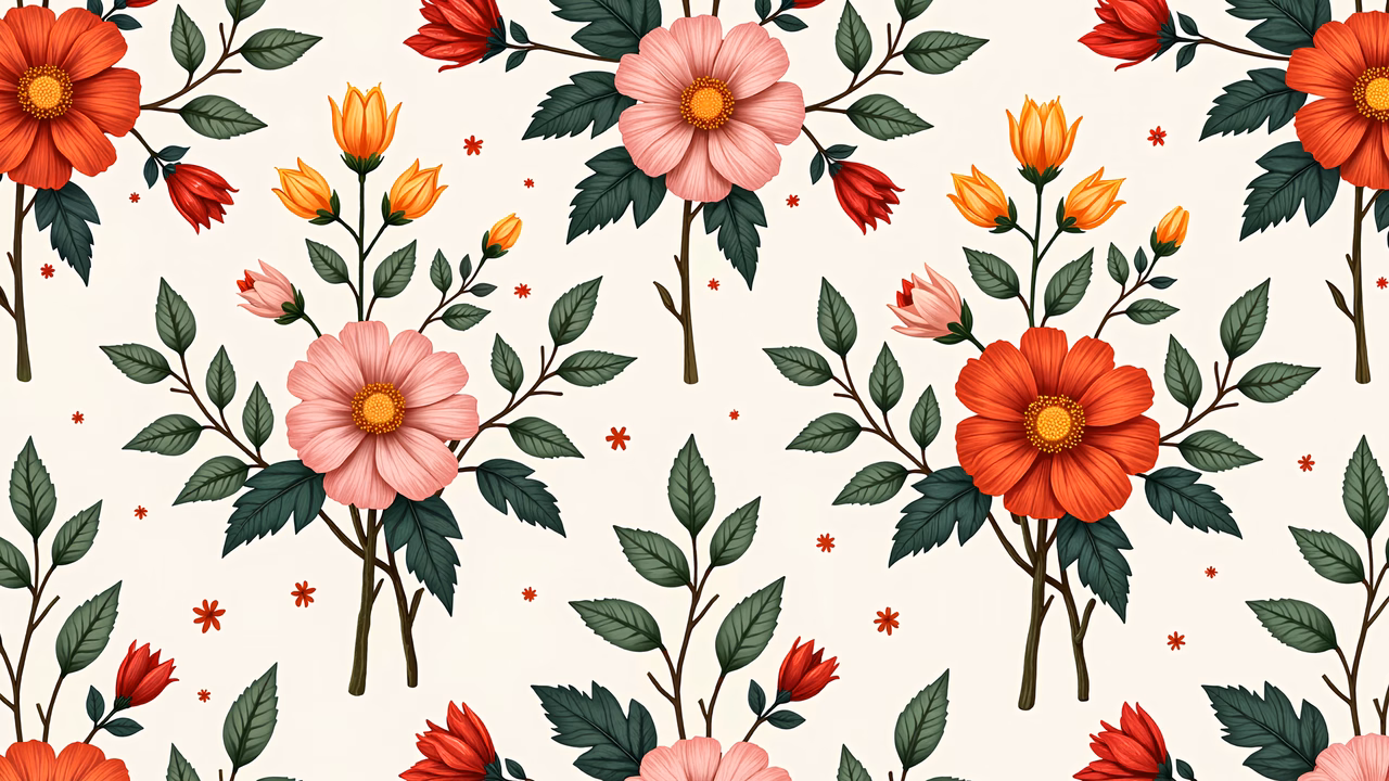 Vibrant floral pattern illustration featuring pink, orange, and red flowers on a neutral background.