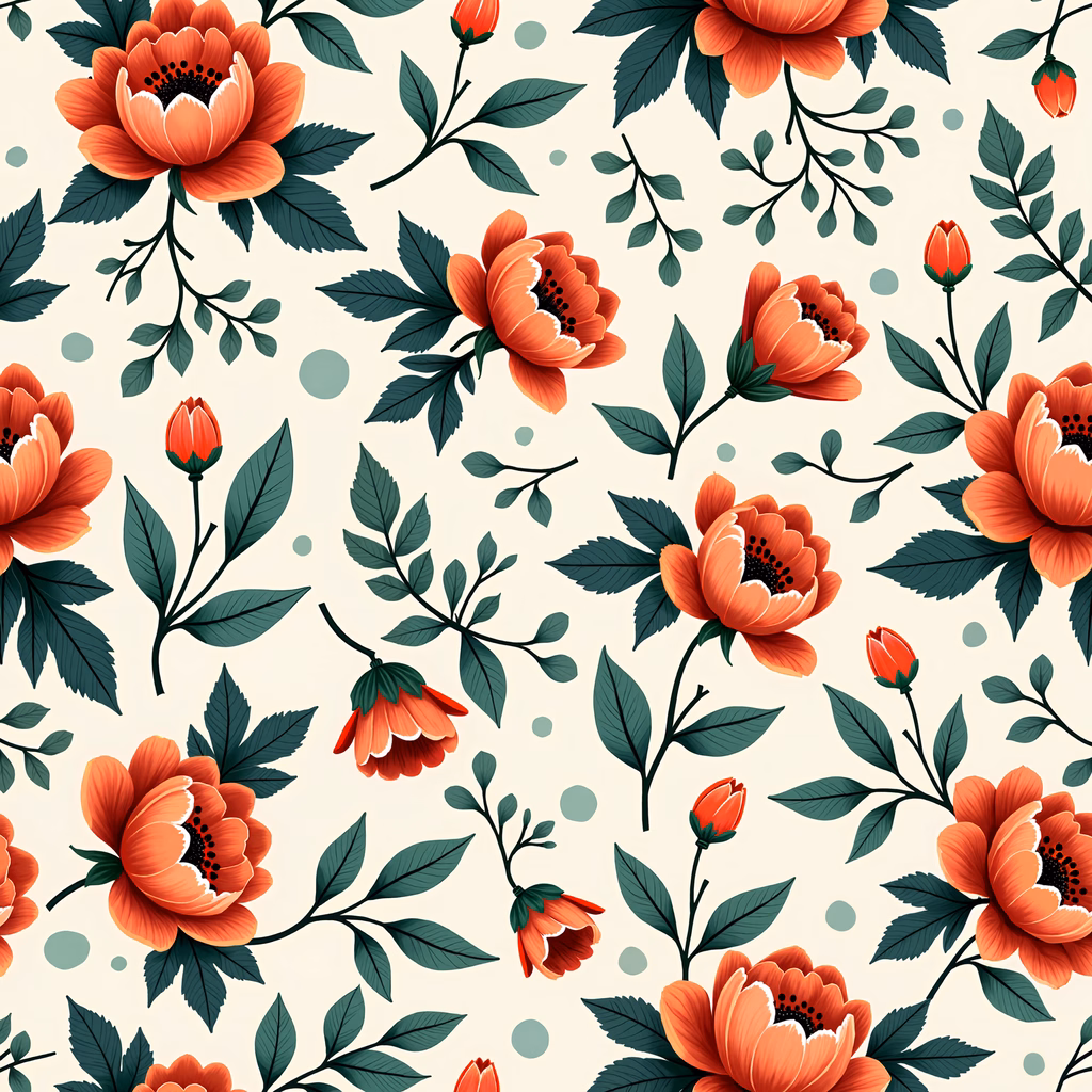 Vibrant floral pattern with orange flowers and green leaves on a beige background.