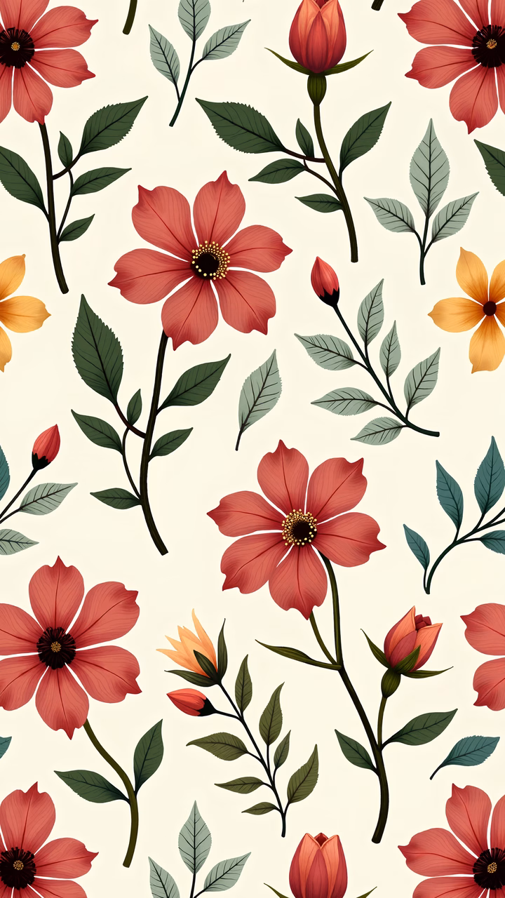 Vibrant floral pattern with red flowers and green leaves on a beige background.