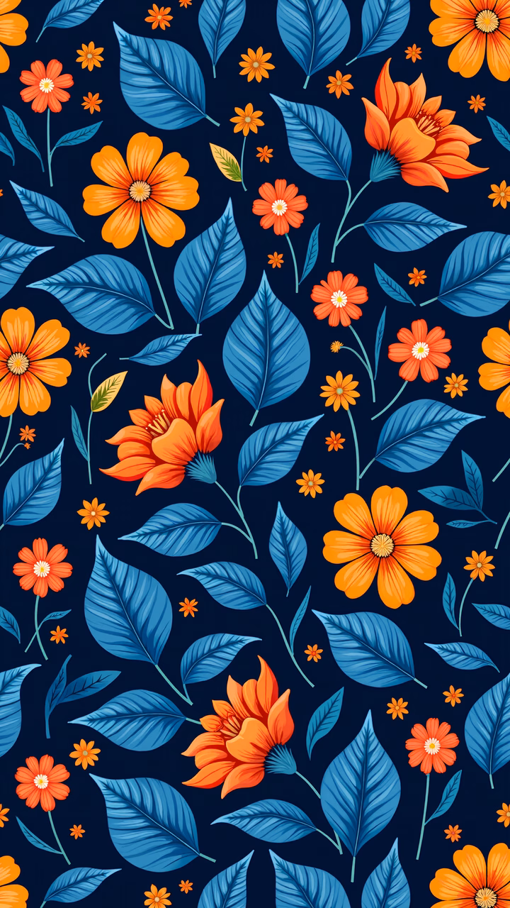 Vibrant floral pattern on a navy background, featuring orange flowers and blue leaves.