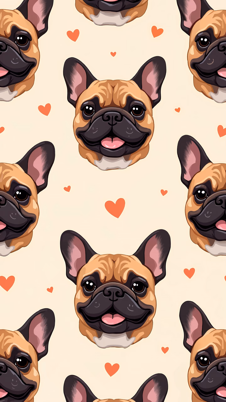 Cartoonish French Bulldog Pattern with Hearts