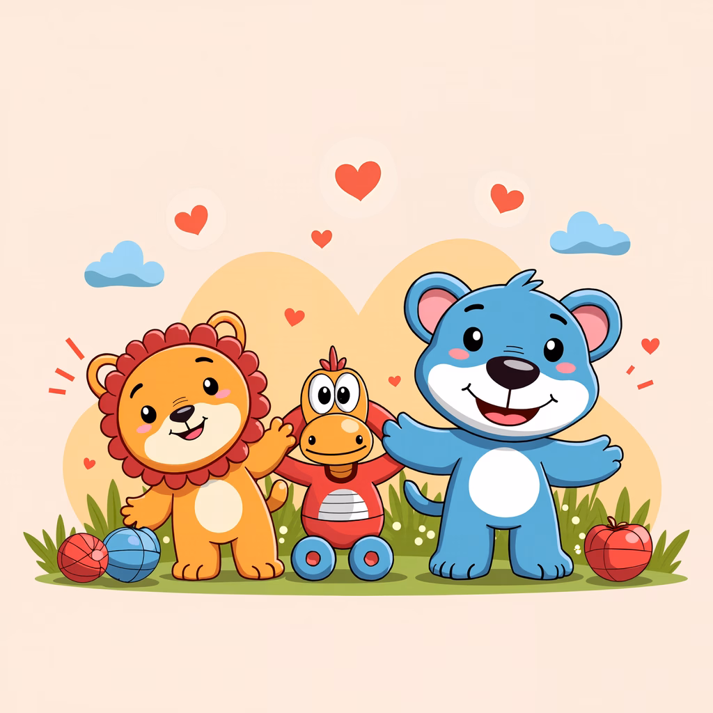 Three friendly animals in a playful scene, perfect for children’s art.