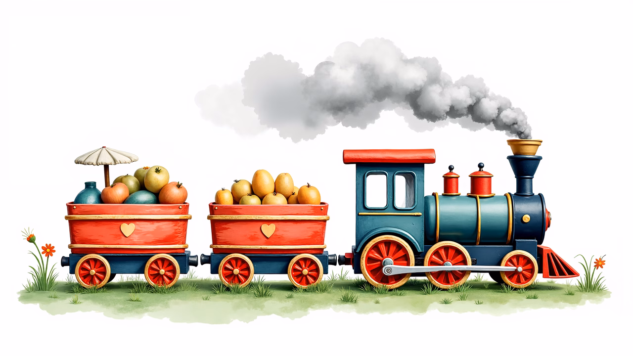 A playful train carrying fruits, perfect for children’s art.