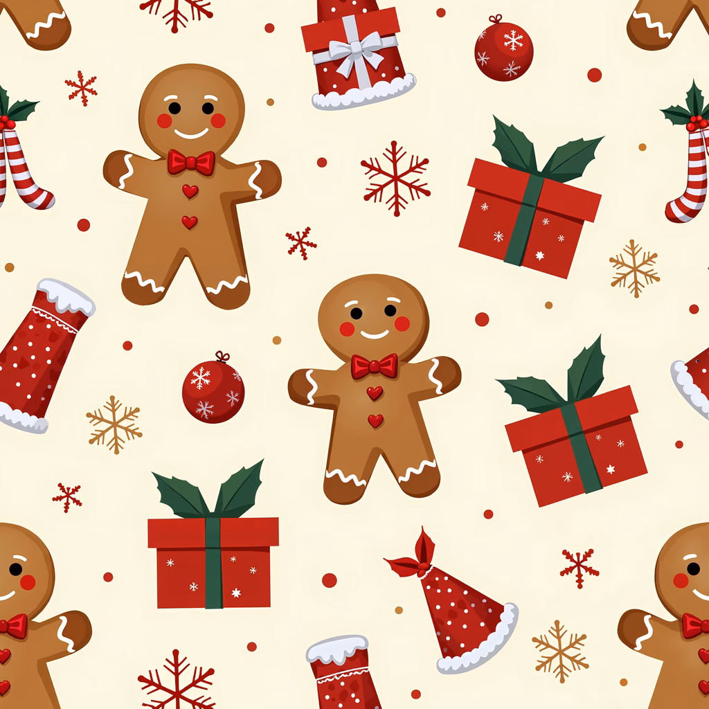 Cute gingerbread men and Christmas decorations in a festive illustration.