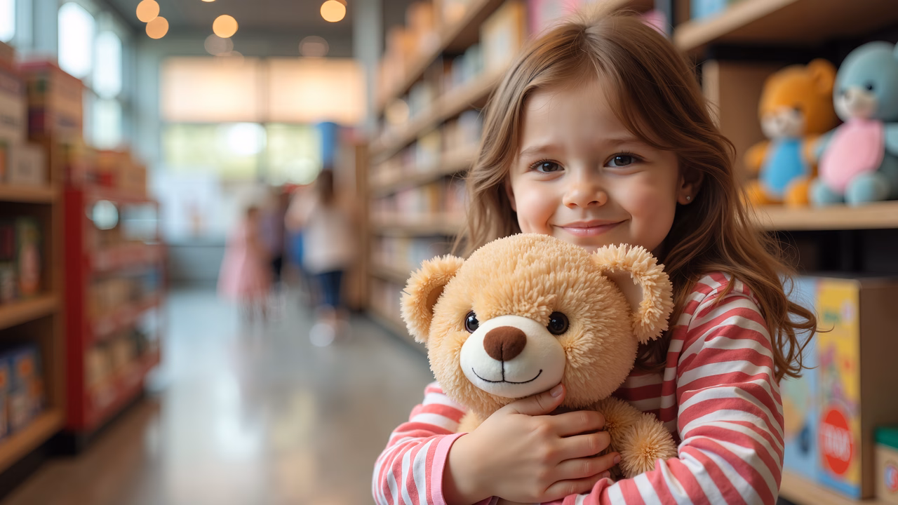 A joyful moment captured in a toy store with a girl holding a teddy bear.