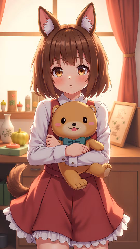 Girl with Fox Ears Holding Teddy Bear