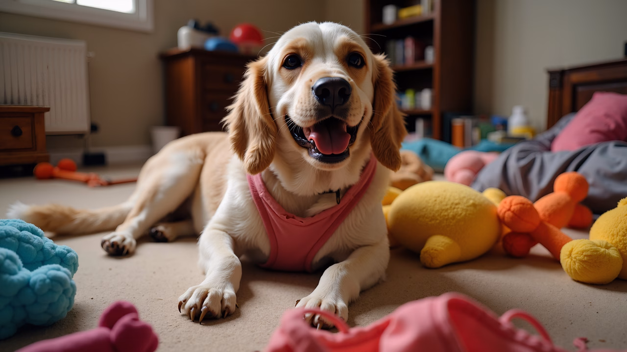 A golden retriever in a pink harness lying amidst colorful toys in a cozy room.
