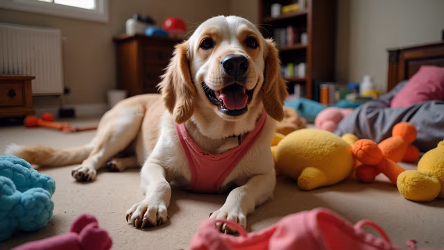 Golden Retriever in Pink Harness