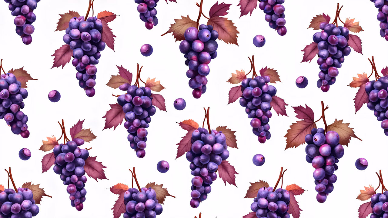 Detailed illustration of grapes and leaves in autumnal colors.