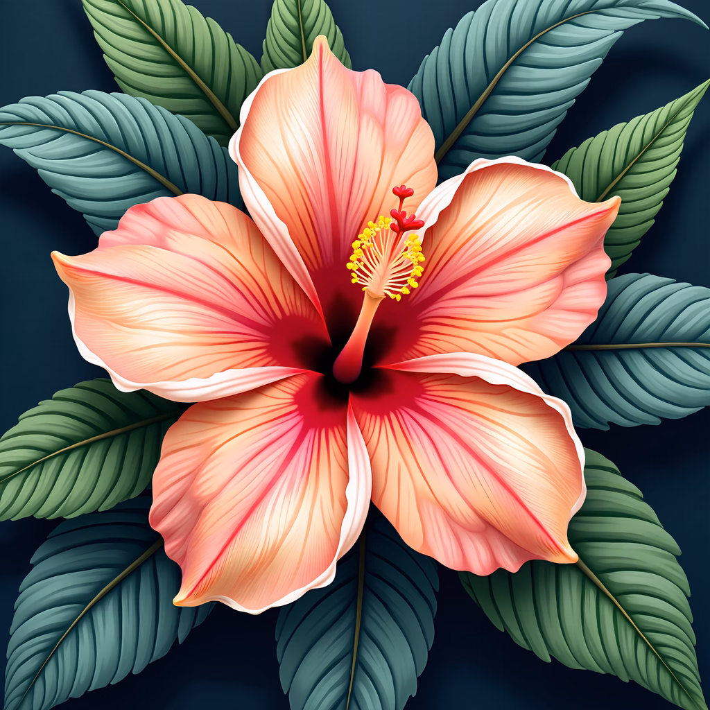 Vibrant hibiscus flower illustration with detailed petals and lush greenery against a dark backdrop.