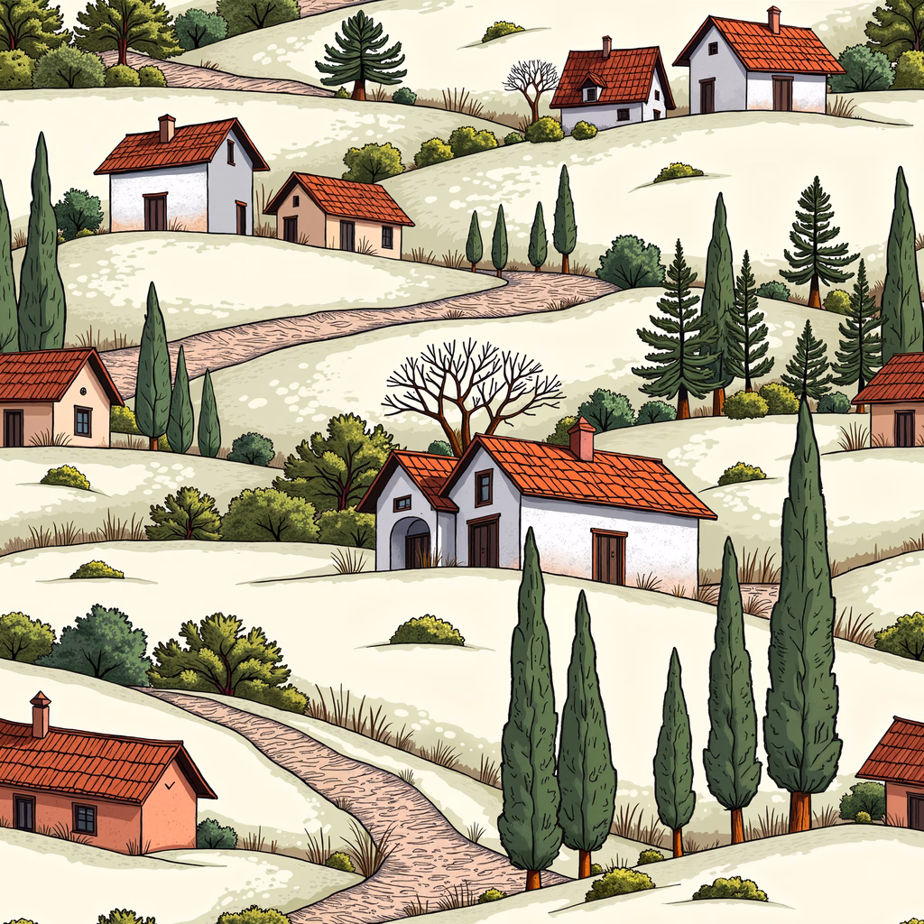 A tranquil hillside village with red-roofed houses and lush greenery.