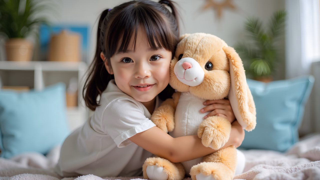 A cheerful child cuddles her plush bunny in a serene bedroom setting.