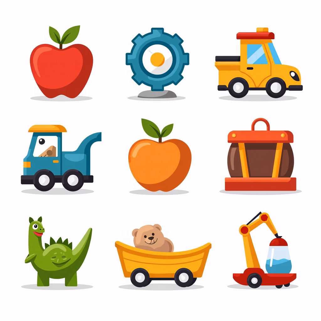 Brightly colored, child-friendly icons set in a playful style.
