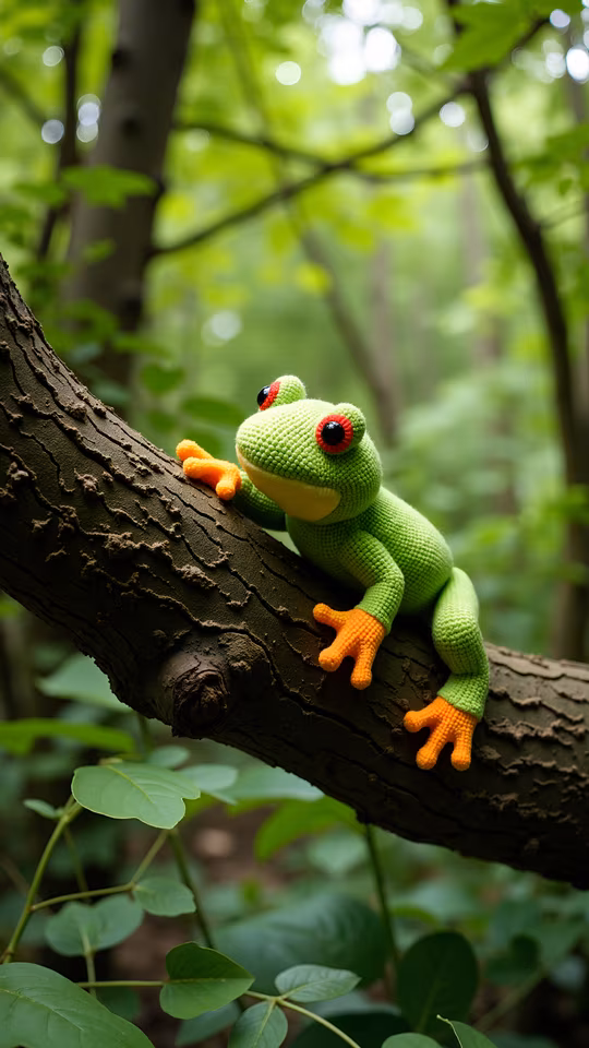 Knitted Frog in the Forest