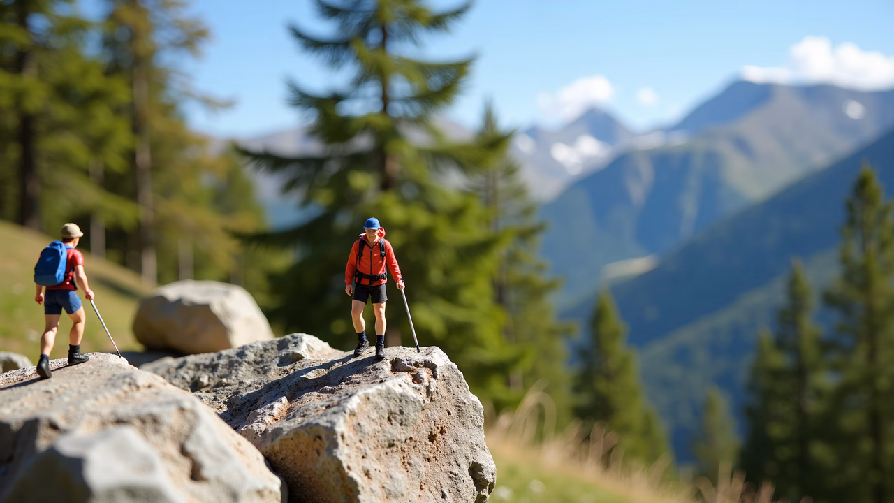 Miniature hikers in a scenic mountain landscape, vibrant colors, adventurous spirit.
