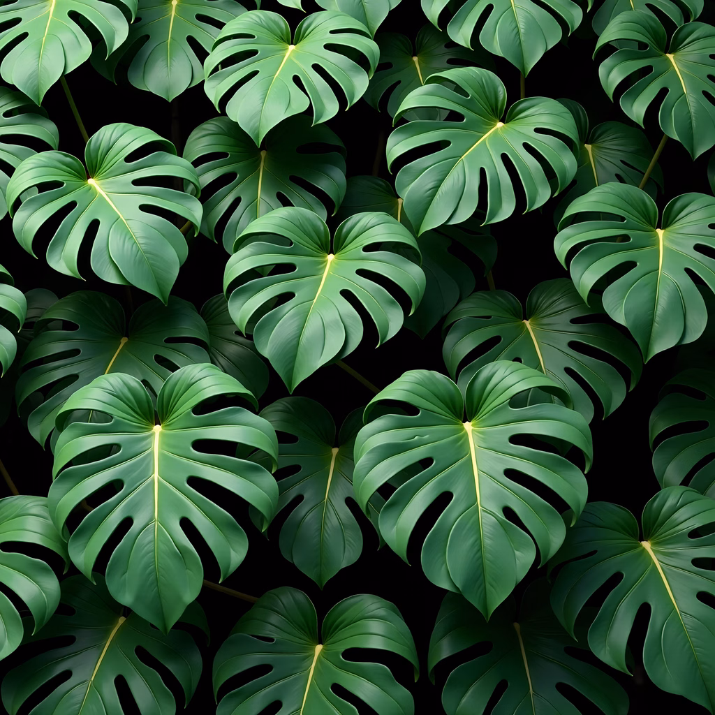 Monstera leaves on a black background, nature art, botanical illustration, tropical foliage, greenery, detailed leaves, natural elegance, lush foliage, vibrant green, intricate details