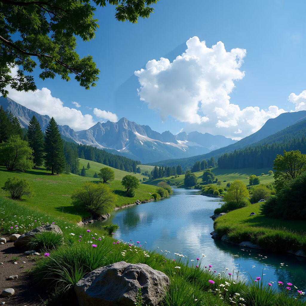 A peaceful mountain river surrounded by greenery and towering mountains under a sunny sky.