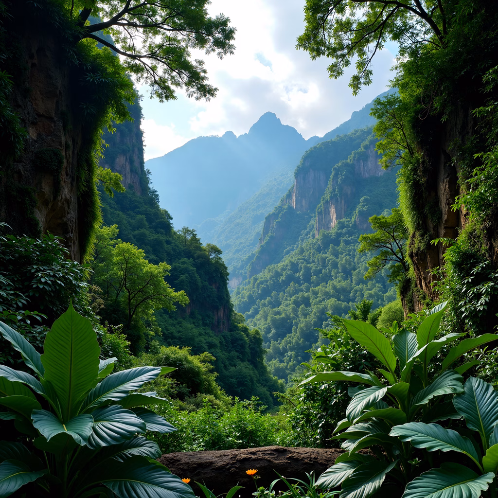 A tranquil mountain valley framed by lush greenery and towering cliffs under a partly cloudy sky.