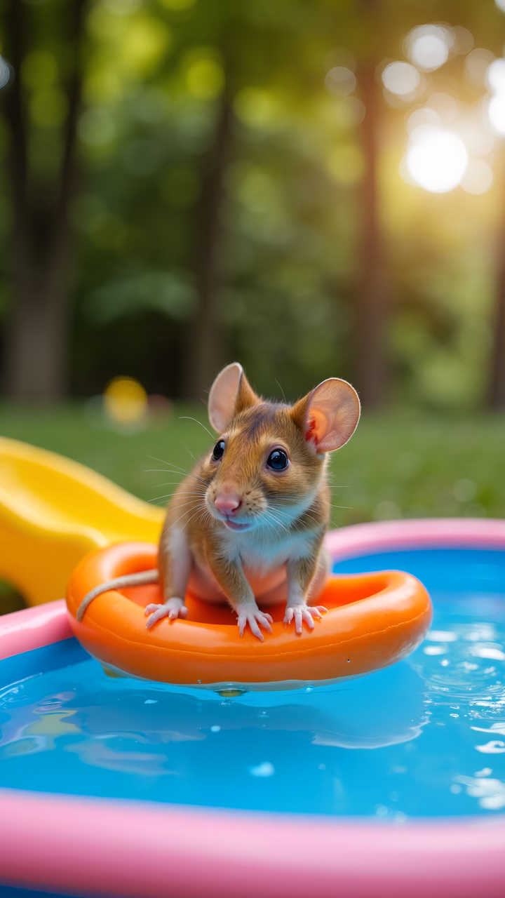 Curious mouse enjoying a sunny day in a pool.