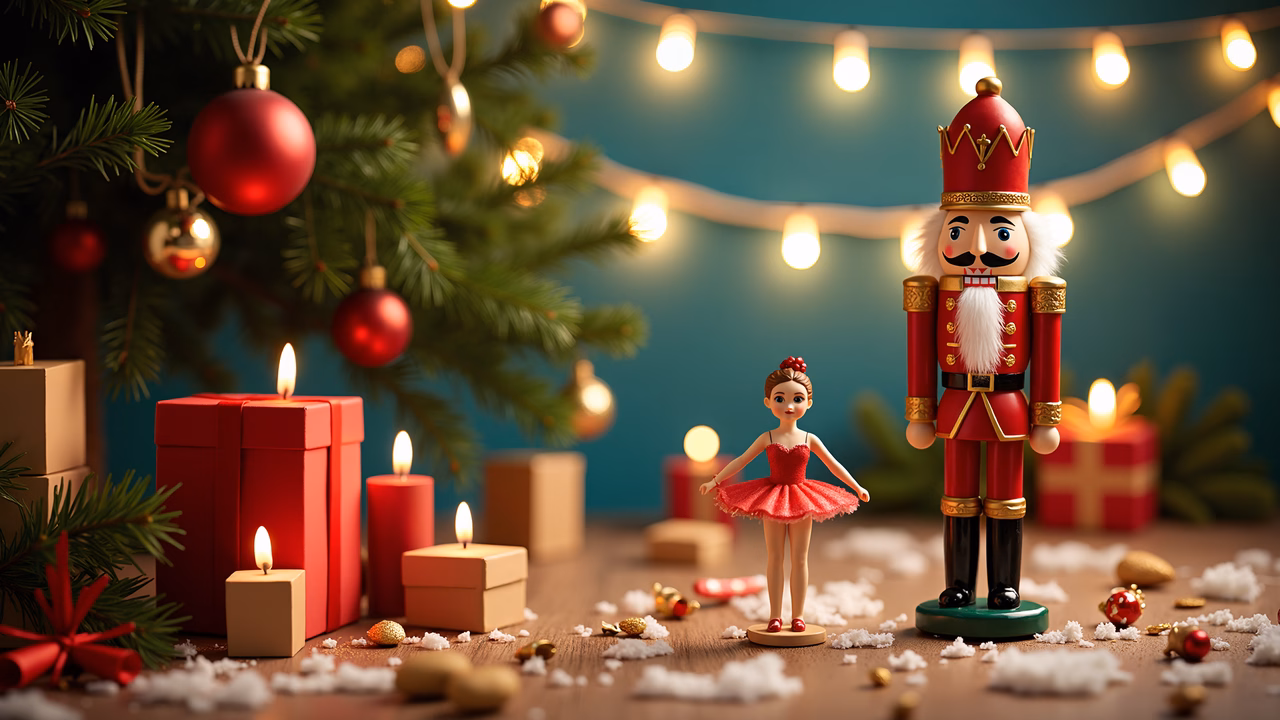Whimsical Christmas illustration featuring Nutcracker and ballerina dolls under a glowing tree.