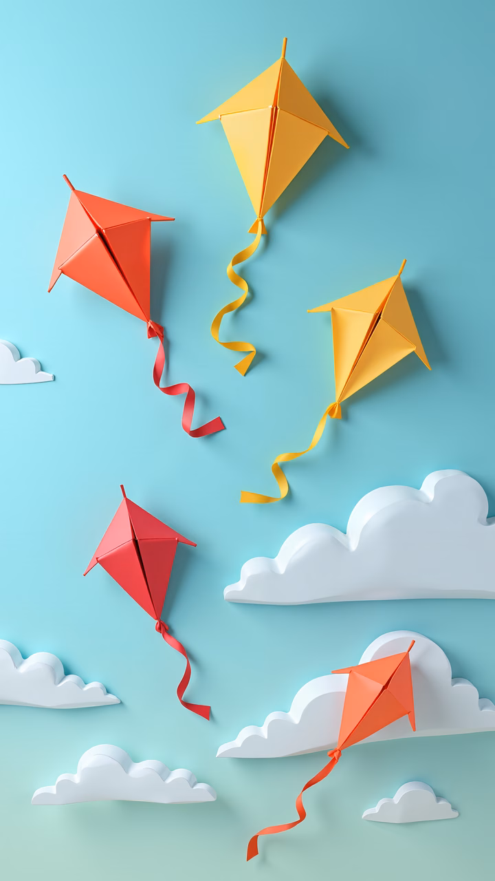 Bright origami kites flying in a serene sky with fluffy clouds.