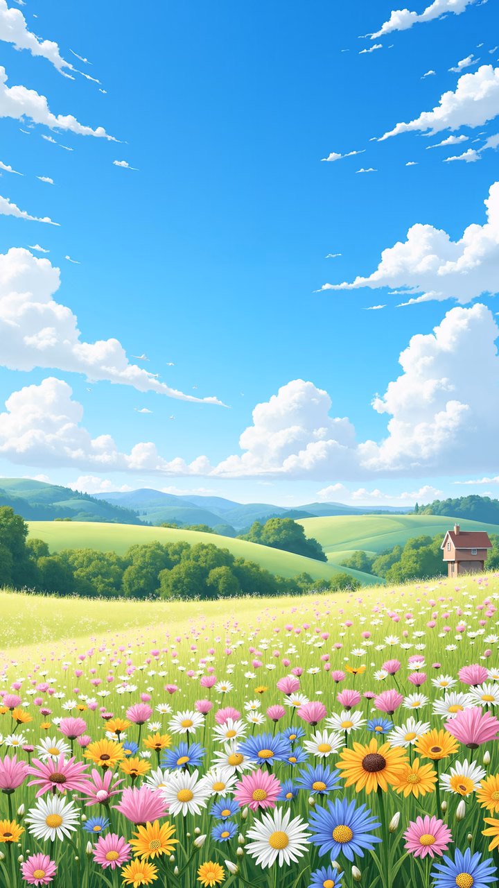 A tranquil countryside scene with blooming flowers and a cozy house under a clear sky.
