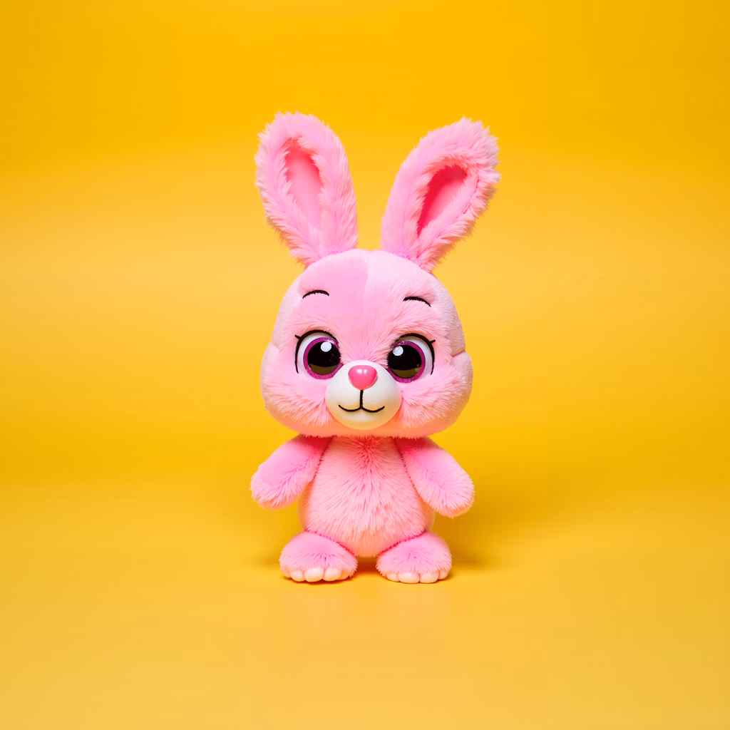 A cute pink bunny plush toy against a bright yellow background.
