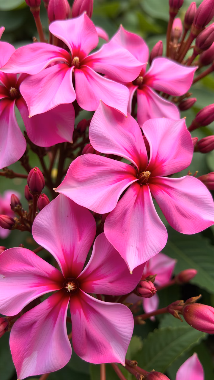 Close-up of vibrant pink flowers with a gradient of magenta and pink hues, captured in natural light.