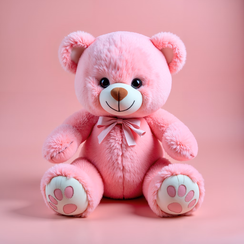 A charming pink teddy bear with a soft, fluffy texture and a gentle smile, perfect for children's toys and nostalgic moments.
