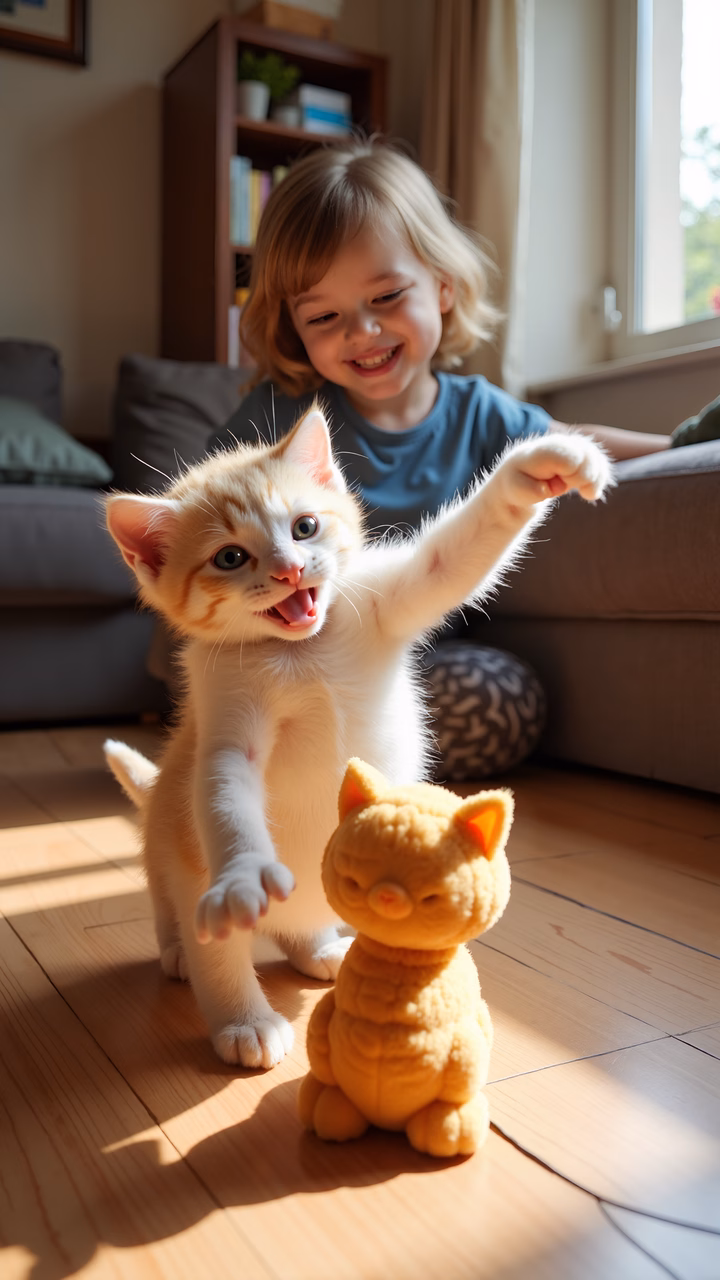 A child and kitten share a playful moment indoors.