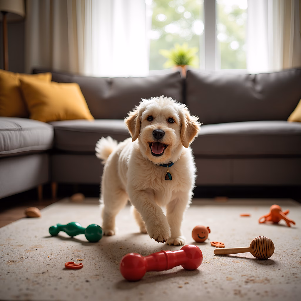 A cheerful dog playing with toys in a cozy living room setting.