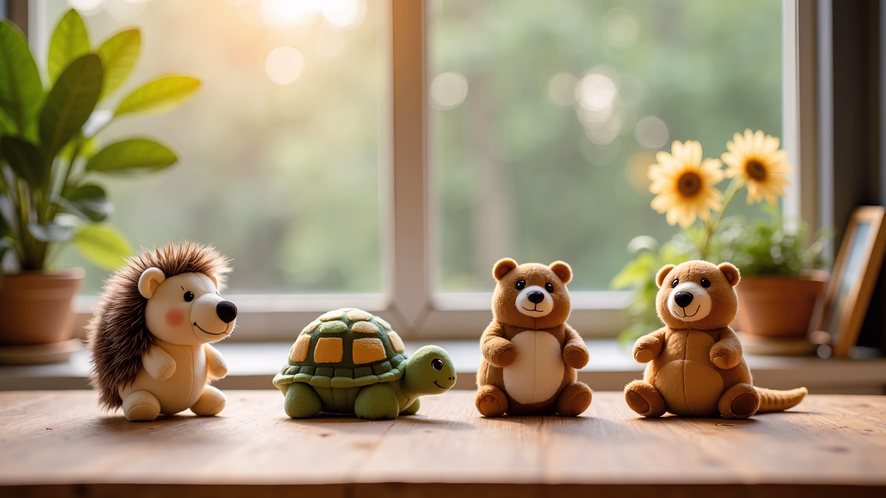 Four adorable plush animals arranged by a sunny window, creating a warm and playful scene.