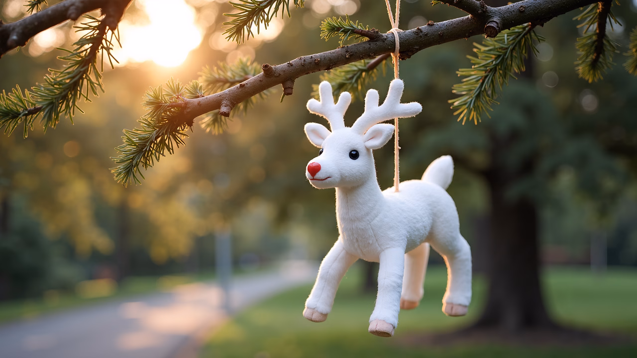 A plush reindeer ornament hanging from a pine branch, bathed in sunset light.