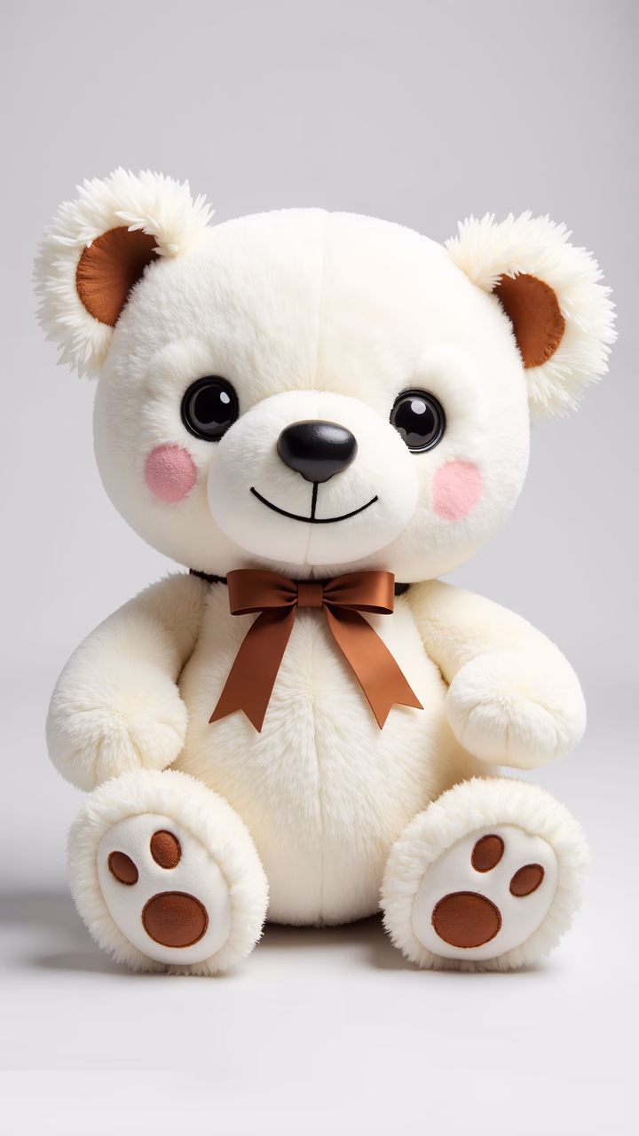 Close-up of a cute, plush teddy bear with white fur and brown accents.