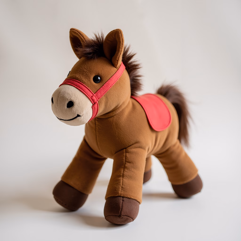 A cute plush toy horse with a friendly smile and pink harness.