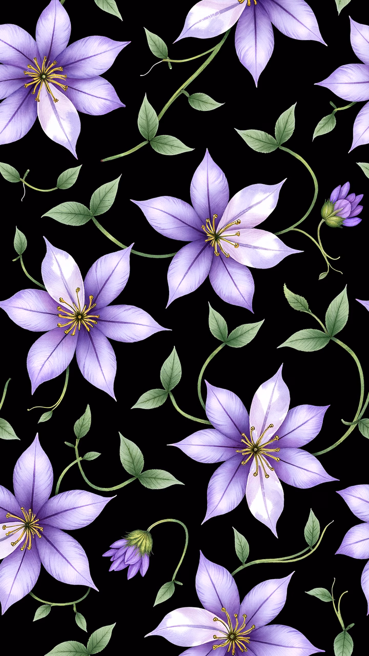 Vibrant purple clematis flowers on a black background