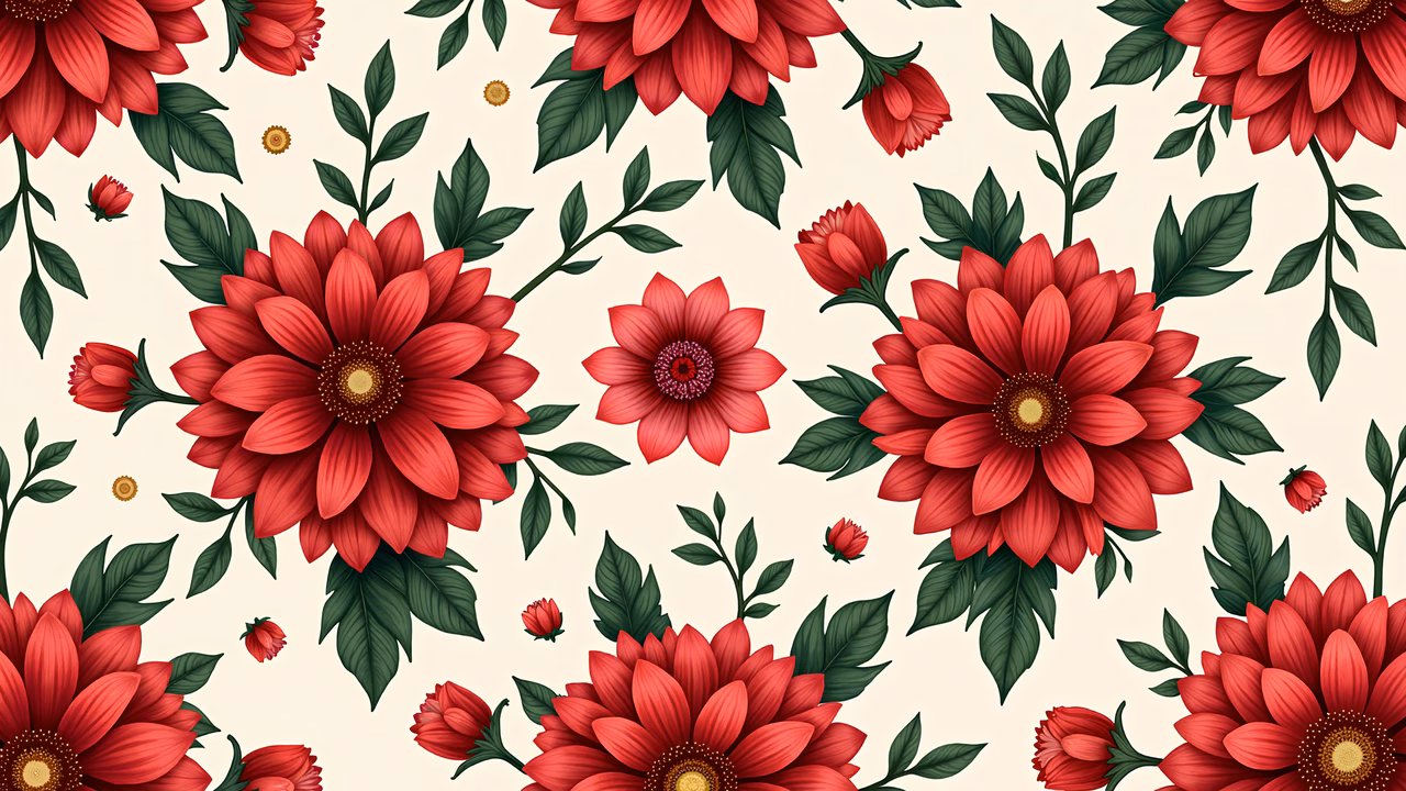 Vibrant red floral illustration with detailed petals and lush green leaves on a beige background.