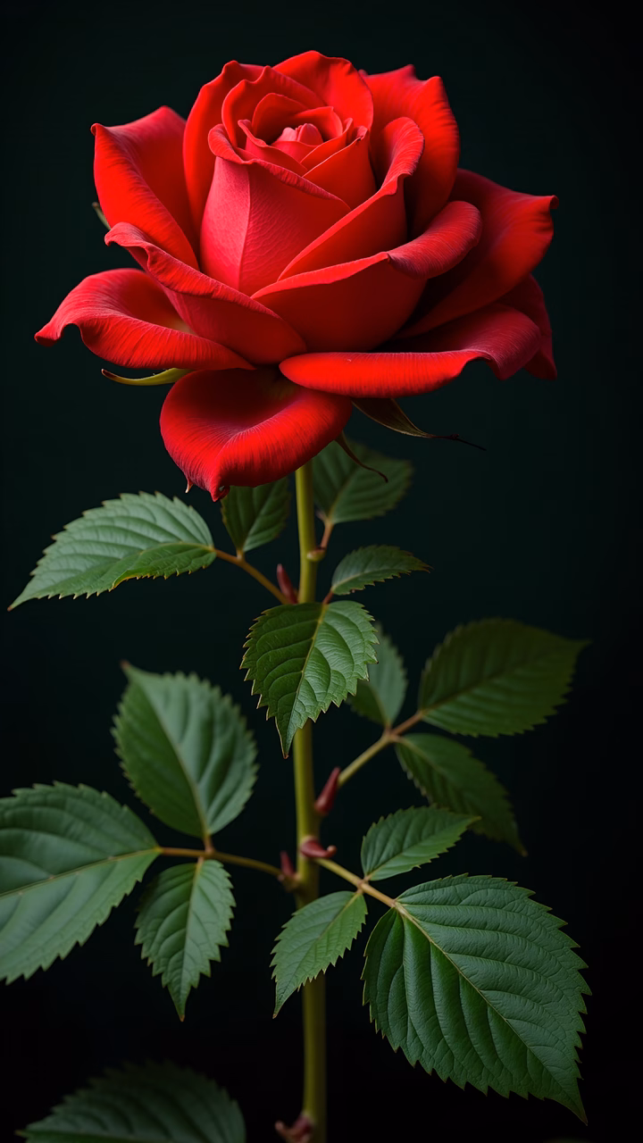 A stunning red rose with dew-covered petals against a dark backdrop.