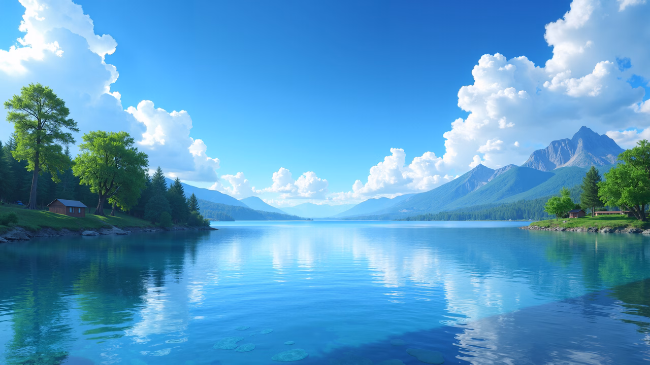 A picturesque lakeside scene with vibrant colors and serene atmosphere.