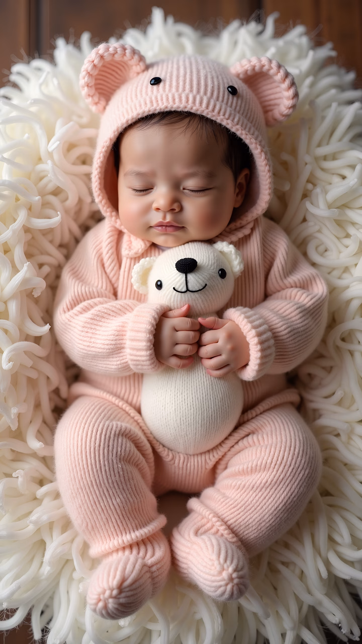 A peaceful portrait of a sleeping baby in a pink bear outfit, holding a white teddy bear.