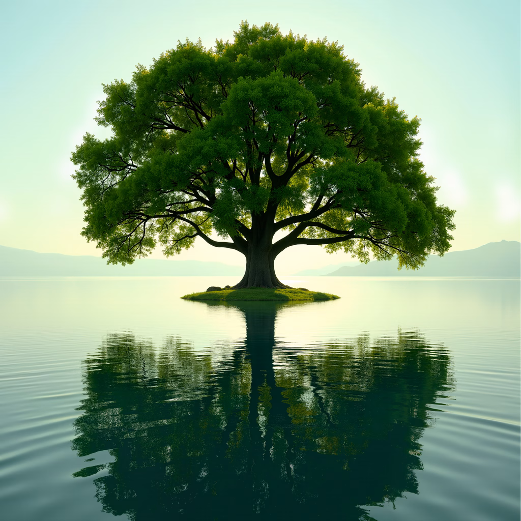 Solitary tree reflecting tranquility amidst calm waters.
