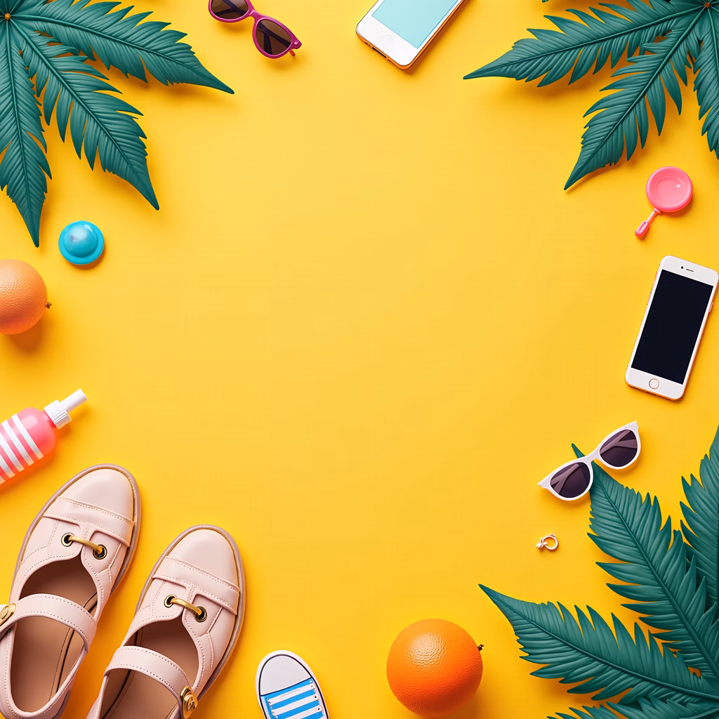 Bright summer essentials illustration with palm leaves and vibrant colors.