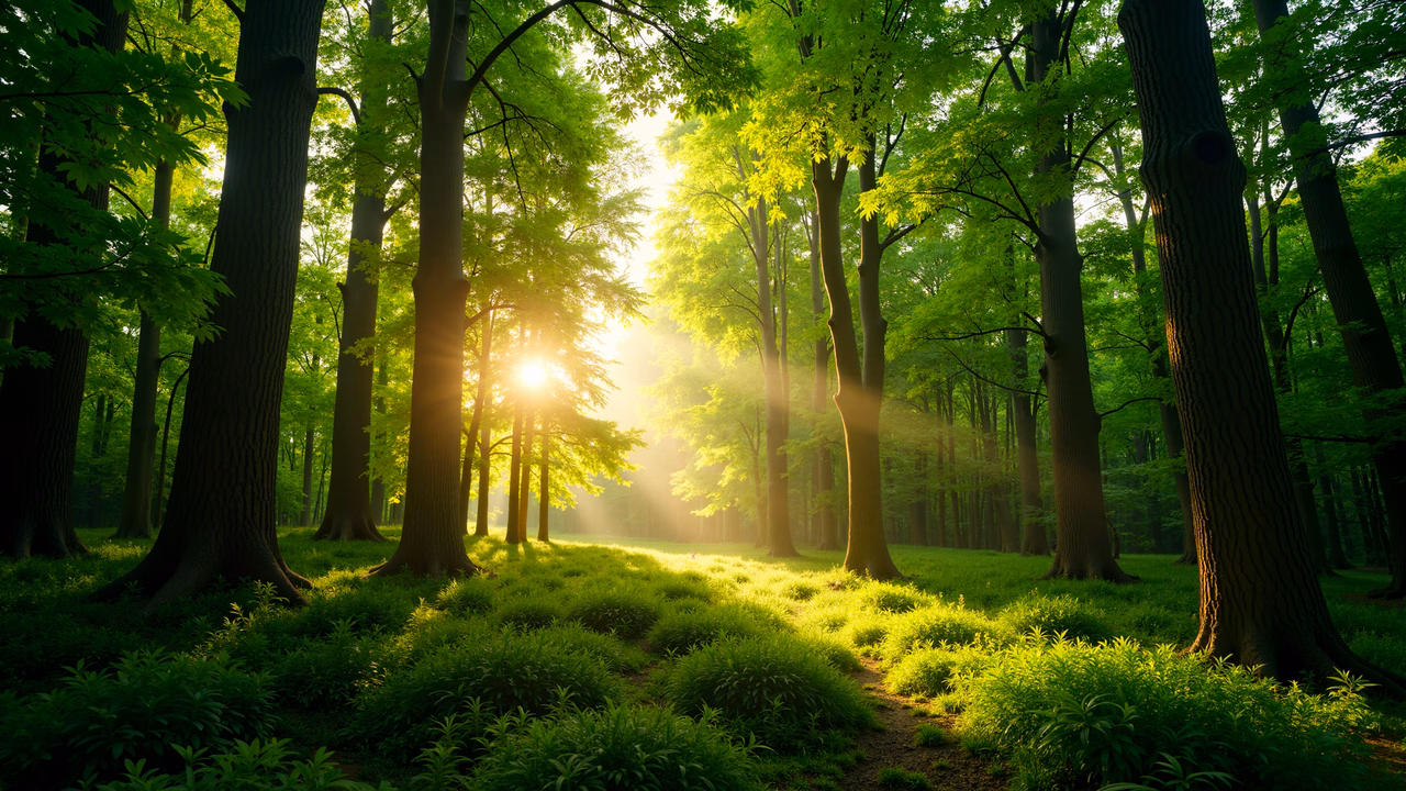 A tranquil forest scene illuminated by golden sunlight, showcasing vibrant greens and warm tones.