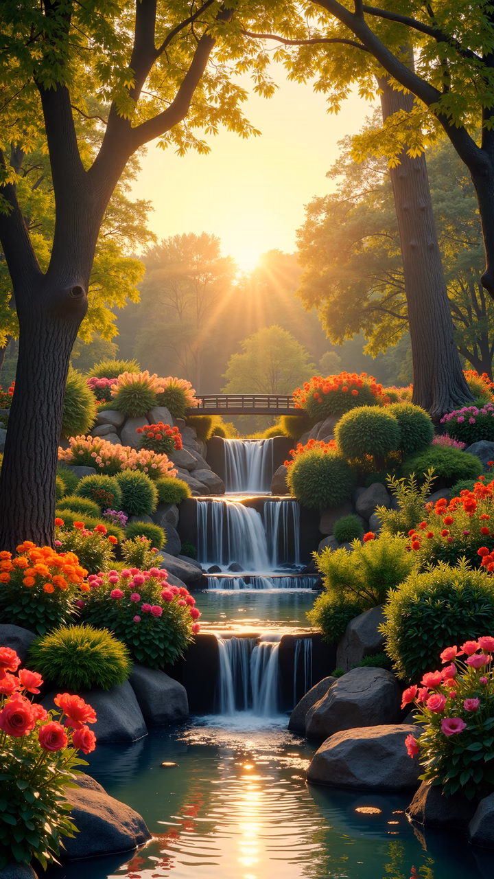 Golden sunlight illuminates a picturesque garden with cascading waterfalls and blooming flowers.