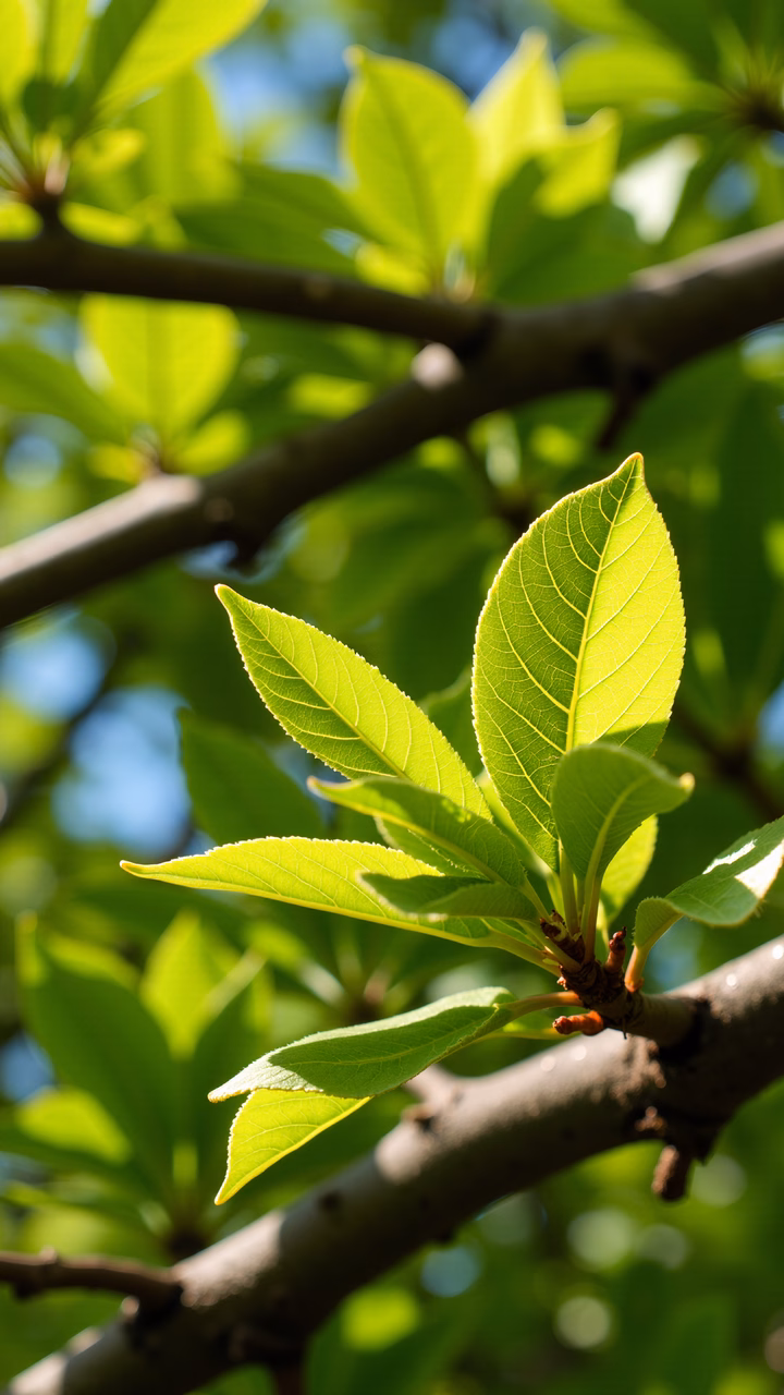 Close-up of sunlit green leaves, vibrant and fresh.